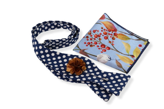 Bewley Blue Polka Dot Bow Tie, Pocket Square and Lapel Pin Set