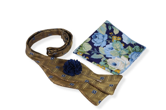 Finley Gold Blue Diamond Bow Tie, Pocket Square and Lapel Pin Set