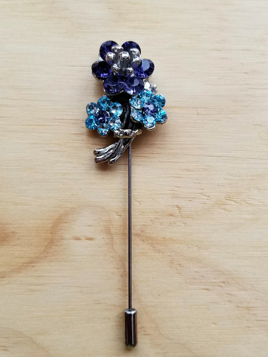 Blue and Aqua Rhinestones Flower Lapel Pin