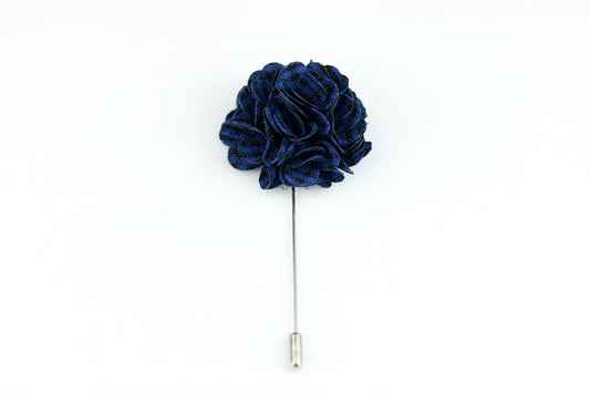 Navy Blue Plaid Satin Blend Flower Lapel Pin