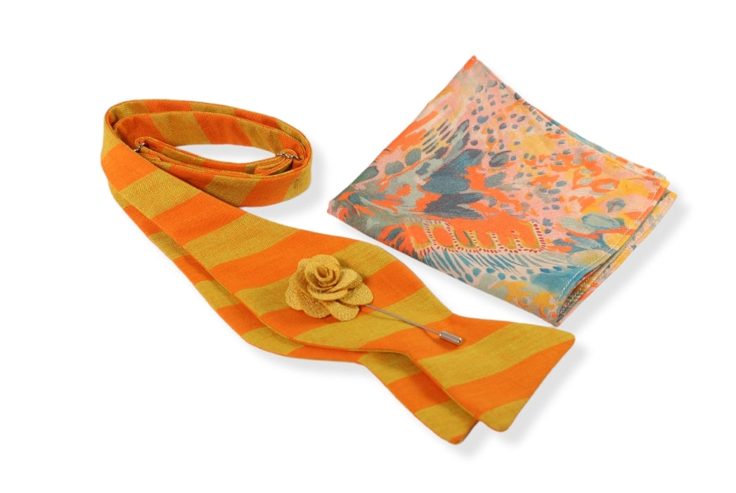 Adewale Orange Stripe Bow Tie, Pocket Square and Lapel Pin Set