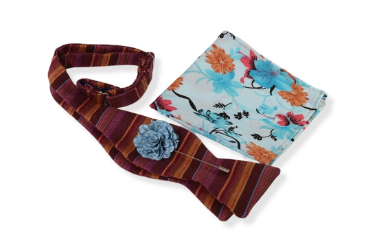 Barone Stripe Bow Tie, Pocket Square and Lapel Pin Set