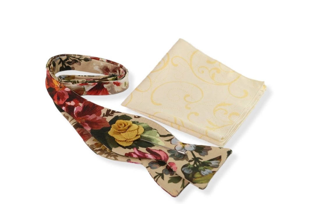 Bloomdance Floral Bow Tie, Pocket Square and Lapel Pin Set