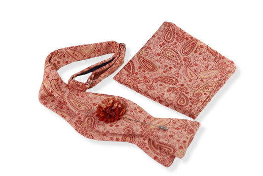 Corvitz Orange Paisley Bow Tie, Pocket Square and Lapel Pin Set