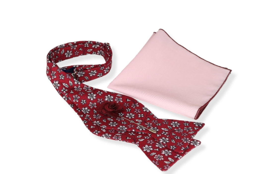 Endel Burgundy Floral Bow Tie, Pocket Square and Lapel Pin Set