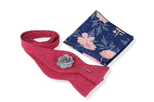 Fuchsia Goleto Linen Bow Tie, Pocket Square and Lapel Pin Set