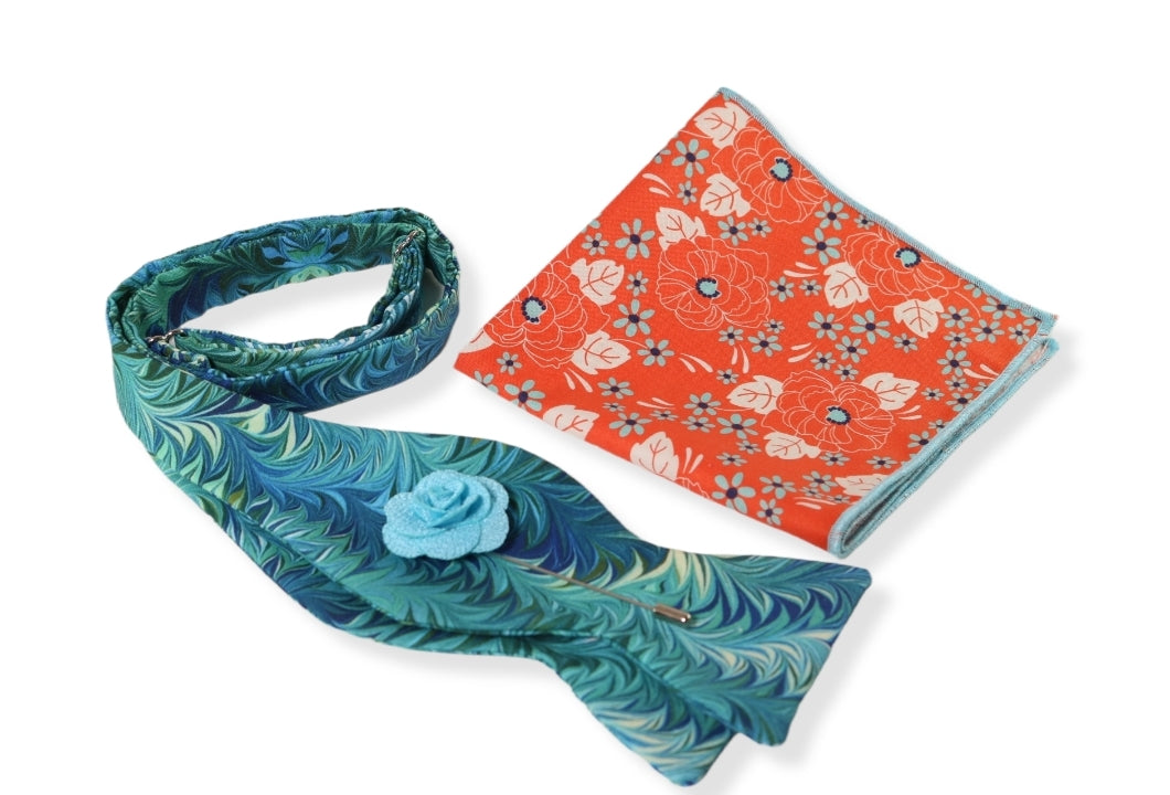 Kirklees Aqua Bow Tie, Pocket Square and Lapel Pin Set
