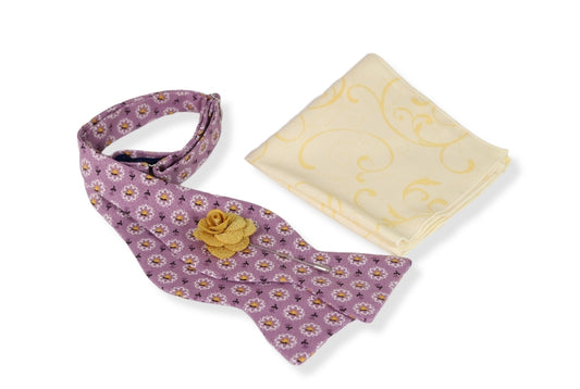 Lavender Floral Bow Tie, Pocket Square and Lapel Pin Set