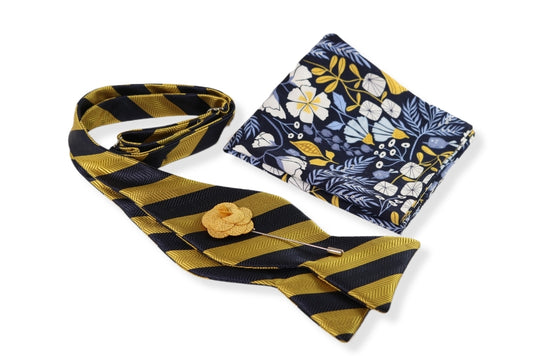 Northridge Navy and Gold Stripe Bow Tie, Pocket Square and Lapel Pin Set