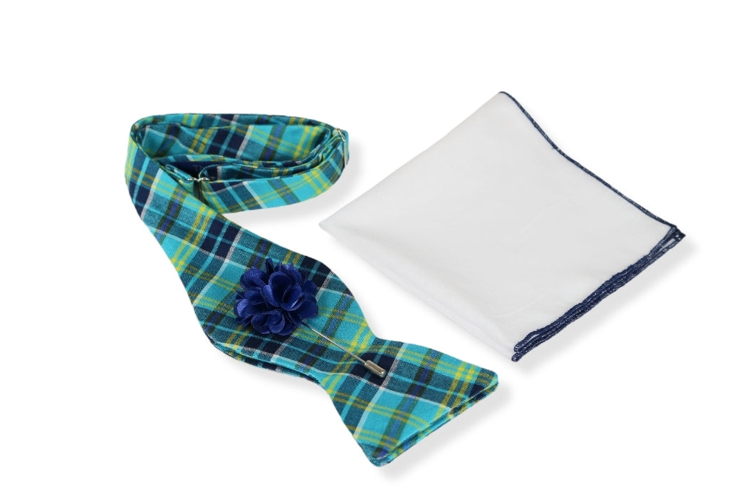Peacock Blue Plaid Bow Tie, Pocket Square and Lapel Pin Set