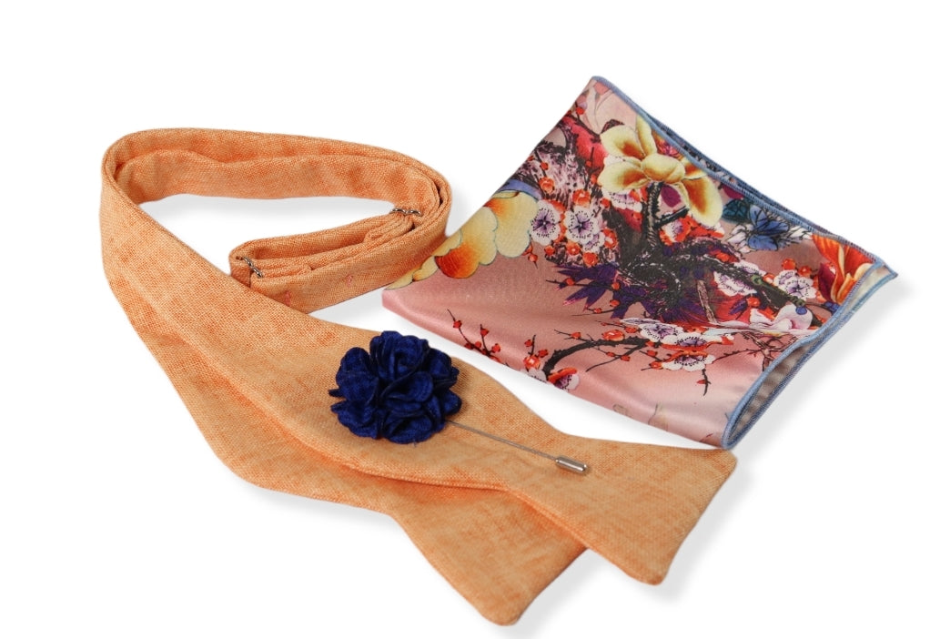 Preferito Orange Linen Bow Tie, Pocket Square and Lapel Pin Set